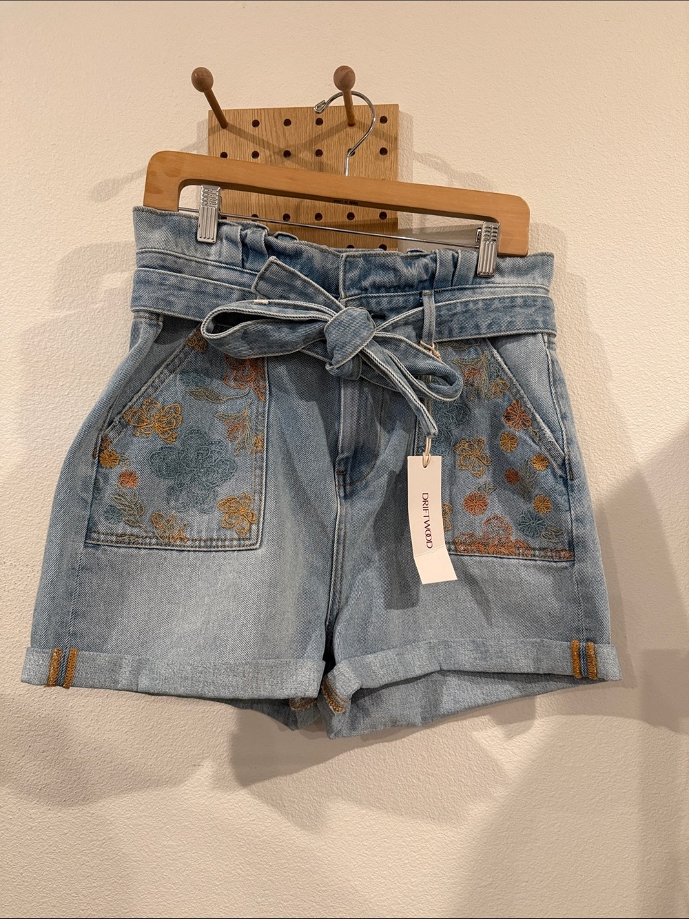 DRIFTWOOD Light Blue Embroidered Paperbag Denim Shorts